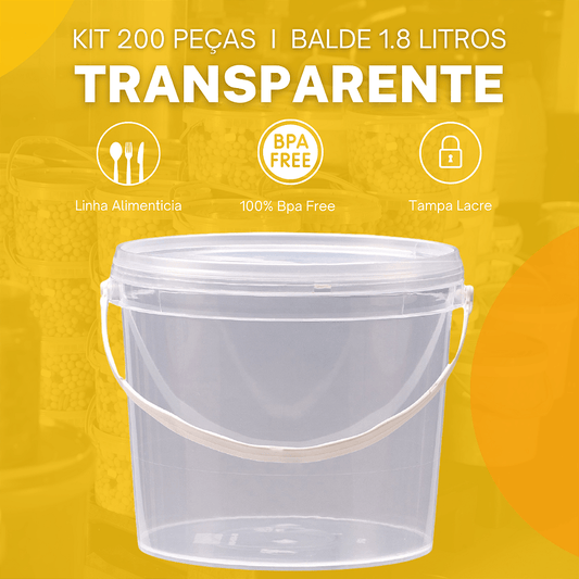 Balde 1.8L Transparente Atoxico com Tampa Lacre BPA FREE - 200 pcs - Nastripack Embalagens