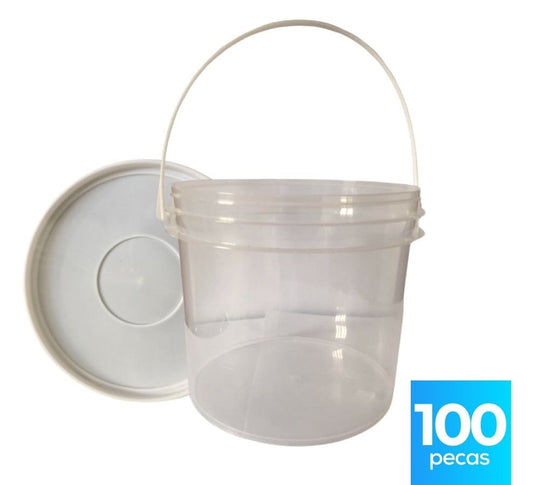Balde 2.2 Litros Transparente com Tampa Branca Lacre e Alça Plástica Atóxico - Kit 100 Peças - Nastripack Embalagens
