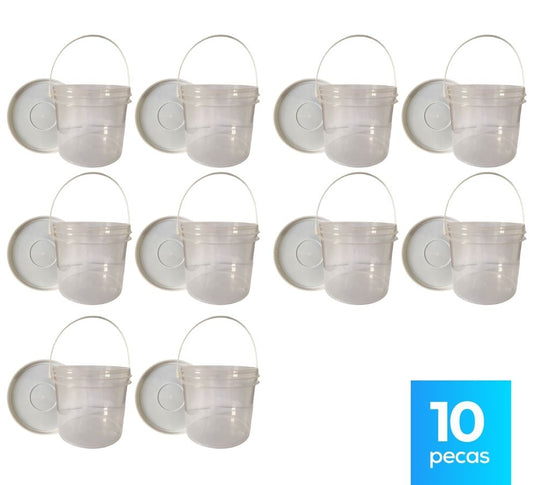 Balde 2.2 Litros Transparente com Tampa Branca Lacre e Alça Plástica - Kit 10 Peças - Nastripack Embalagens