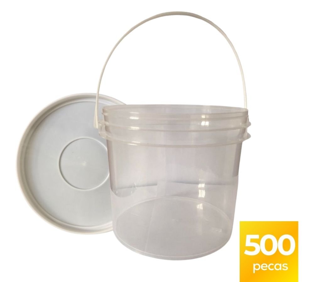 Balde 2.2 Litros Transparente com Tampa Lacre Branca e Alça Plástica Plastico Atoxico BPA Free - Kit 500 Peças - Nastripack Embalagens