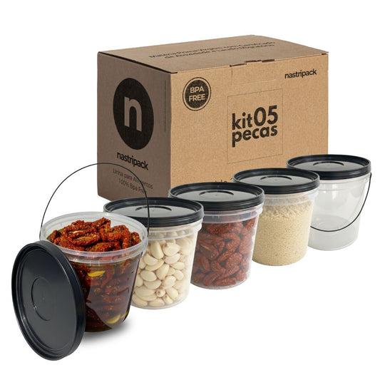 Balde 3,2L Transparente com Tampa Preta e Alça Preta - Kit 05 Peças - Nastripack Embalagens