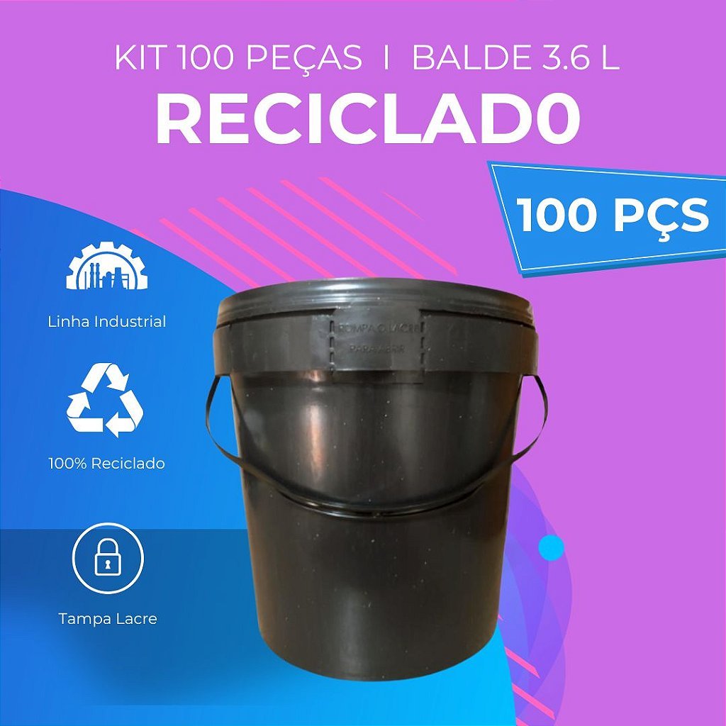 Balde Reciclado Preto 3.6 Litros com Tampa Lacre - Kit com 100 Peças - Nastripack Embalagens