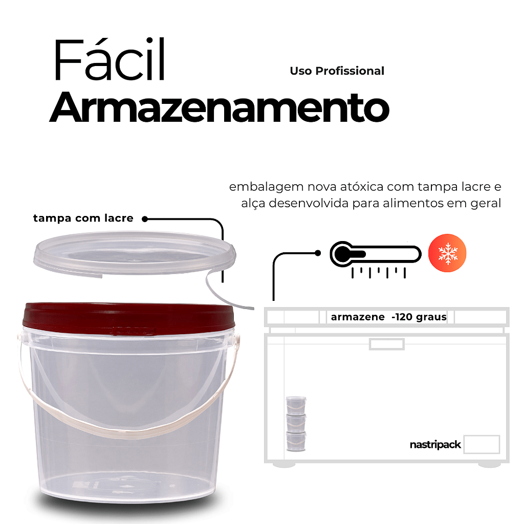 Baldinho com Tampa Vermelha de 1.8 Litros Transparente Atóxico - Kit 15 Peças - Nastripack Embalagens