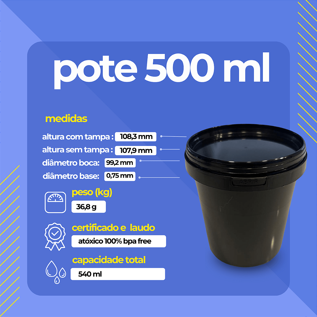 Pote Preto 500ml c/ Tampa lacre Atóxico Bpa Free - Kit 250 Pçs - Nastripack Embalagens