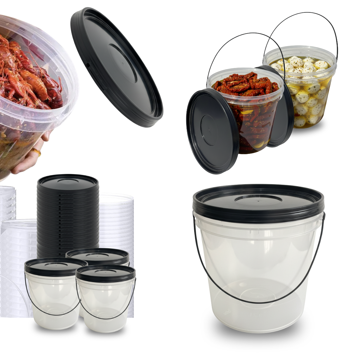 Balde com Tampa Preta Transparente 3.2L para Alimentos - Kit 100 Peças