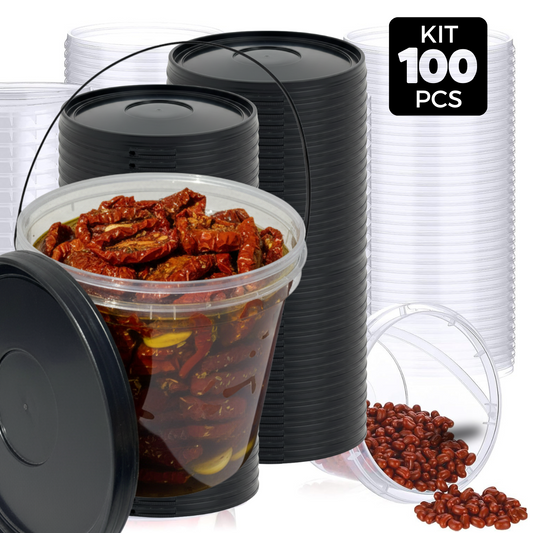 Balde com Tampa Preta Transparente 3.2L para Alimentos - Kit 100 Peças