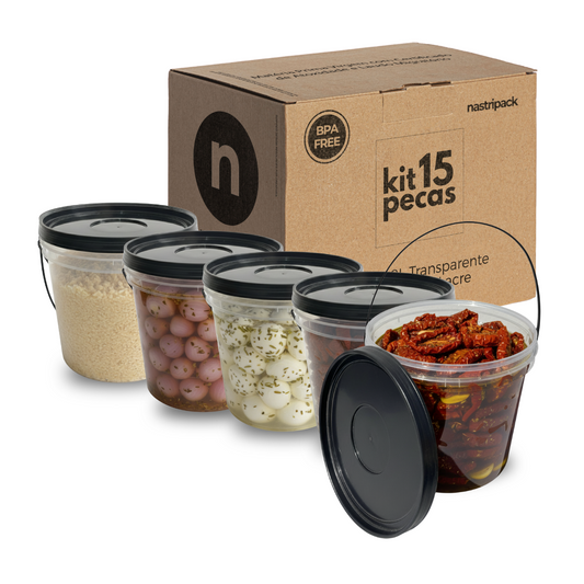 Balde com Tampa Preta Transparente para Alimentos - Kit 15 Peças