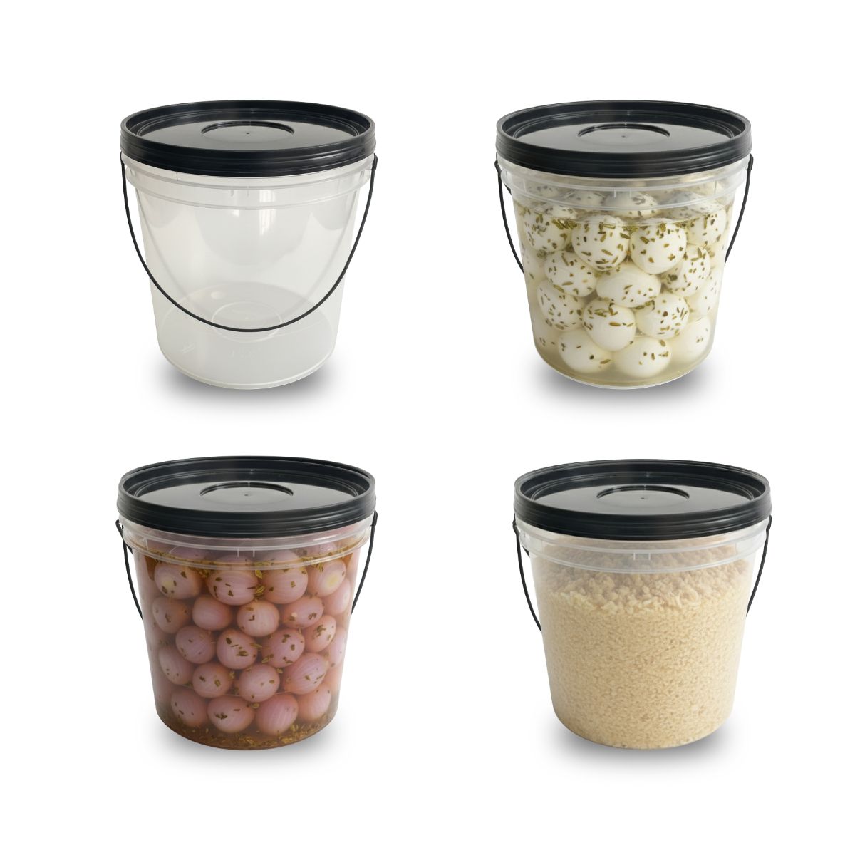 Balde 3,2L Transparente com Tampa Preta e Alça Preta - Kit 05 Peças