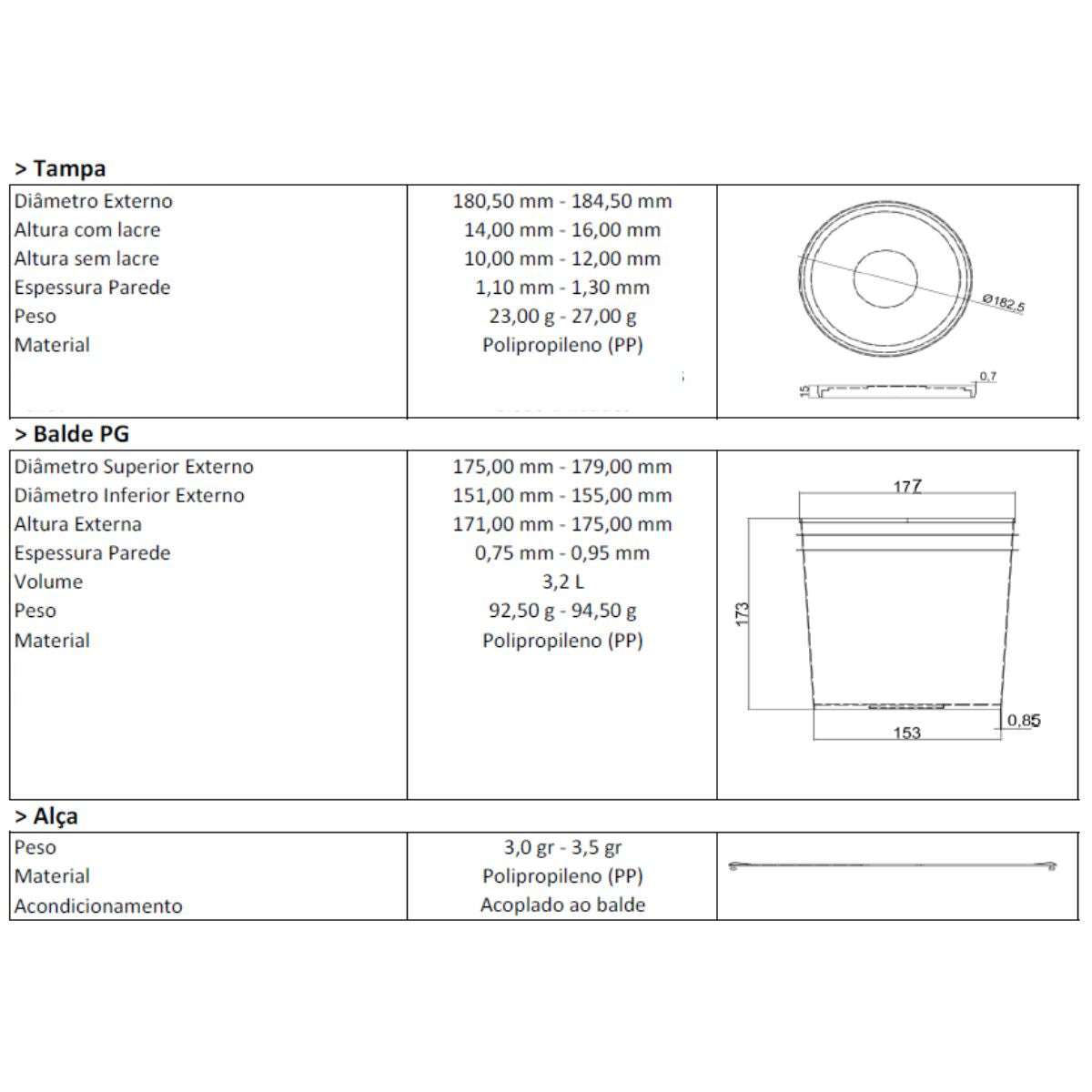 Balde 3.2L Transparente para Alimentos com Tampa Preta - Kit 10 Peças