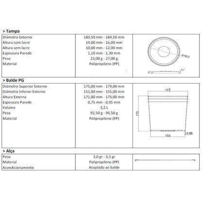 Balde 3.2L Transparente para Alimentos com Tampa Preta - Kit 10 Peças