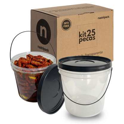 Baldinho com Tampa e Alça Preta Transparente 3.2L - Kit 25 Peças