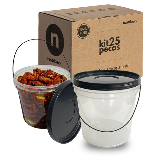 Baldinho com Tampa e Alça Preta Transparente 3.2L - Kit 25 Peças