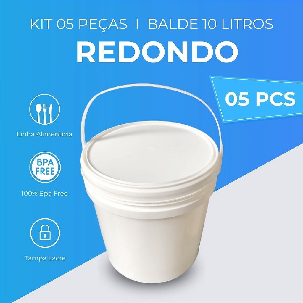 Balde 10L Branco Tampa Lacre - Kit 05 Peças - Nastripack Embalagens