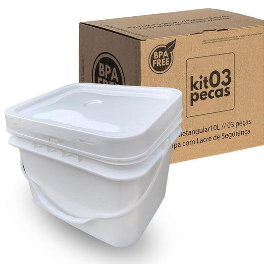 Balde 10L Retangular Tampa Lacre - Kit 03 Peças - Nastripack Embalagens