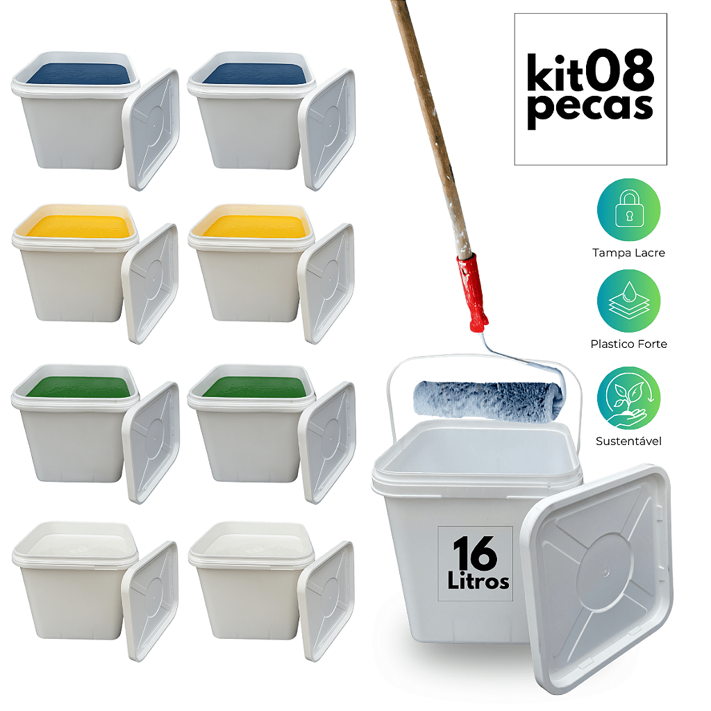 Balde 16 Litros Retangular Branco Tampa Lacre Mulituso - 08 Peças - Nastripack Embalagens
