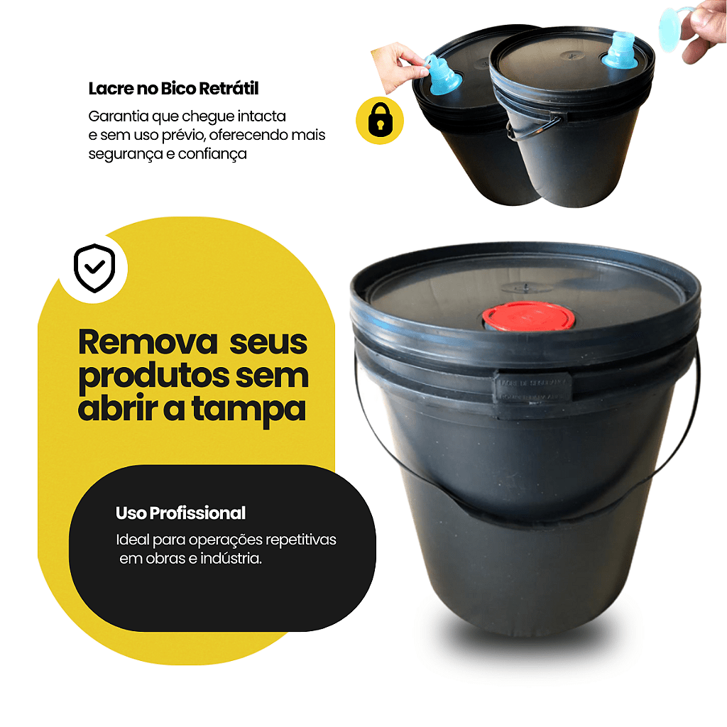 Balde 16L Preto Reciclado com Tampa Lacre Bico Retrátil - 2 Pcs - Nastripack Embalagens