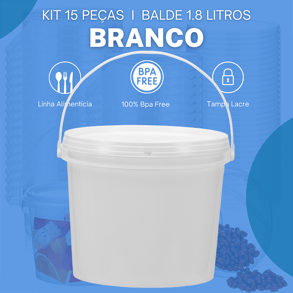Balde 1.8 Litros Branco Atóxico com Tampa - Kit 15 Peças - Nastripack Embalagens