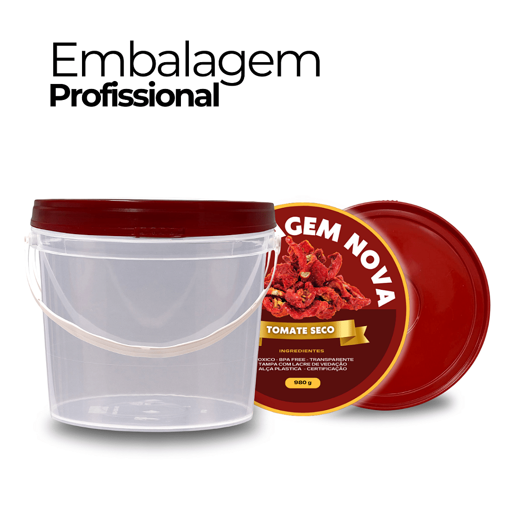 Balde 1.8 Litros Transparente com Tampa Vermelha de 1.8L - Kit 05 Peças - Nastripack Embalagens