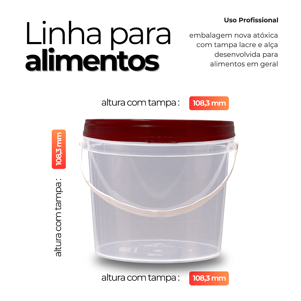 Balde 1.8 Litros Transparente com Tampa Vermelha de 1.8L - Kit 05 Peças - Nastripack Embalagens