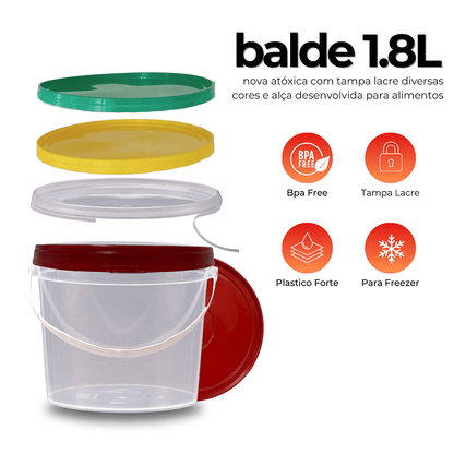 Balde 1.8 Litros Transparente com Tampa Vermelha de 1.8L - Kit 05 Peças - Nastripack Embalagens