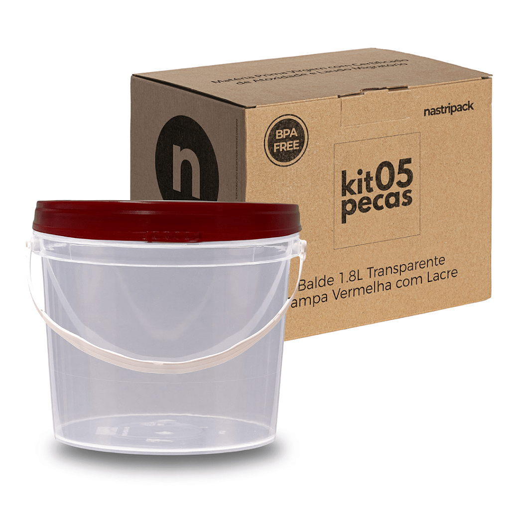 Balde 1.8 Litros Transparente com Tampa Vermelha de 1.8L - Kit 05 Peças - Nastripack Embalagens