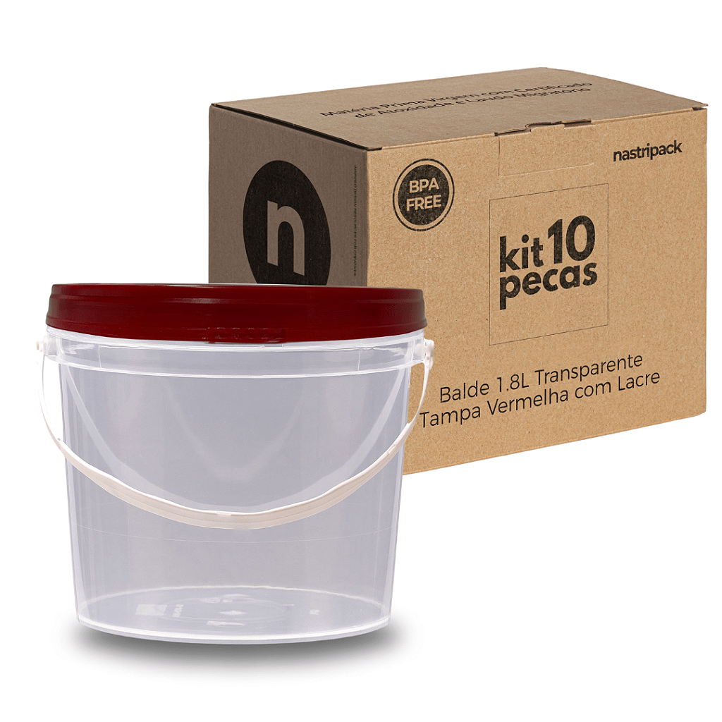 Balde 1.8L Atóxico Transparente com Tampa Vermelha de 1.8L - Kit 10 Peças - Nastripack Embalagens