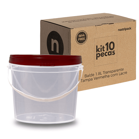 Balde 1.8L Atóxico Transparente com Tampa Vermelha de 1.8L - Kit 10 Peças - Nastripack Embalagens