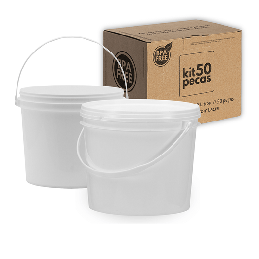 Balde 1.8L Branco Plastico Atoxico Tampa Lacre BPA Free - Kit 50 Peças - Nastripack Embalagens