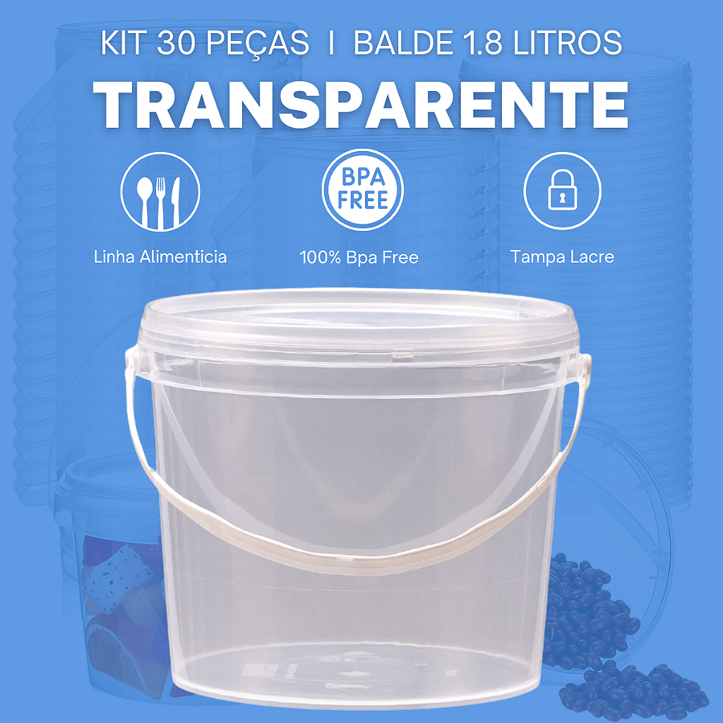 Balde 1.8L Transparente Atoxico com Tampa - 30 peças - Nastripack Embalagens