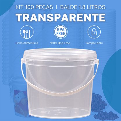 Balde 1.8L Transparente Atoxico com Tampa Lacre BPA FREE - 100 pcs - Nastripack Embalagens