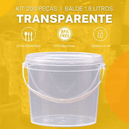 Balde 1.8L Transparente Atoxico com Tampa Lacre BPA FREE - 200 pcs - Nastripack Embalagens