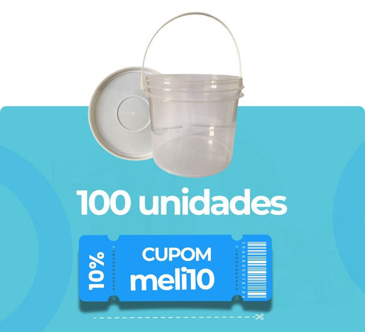 Balde 2.2 Litros Transparente com Tampa Branca Lacre e Alça Plástica Atóxico - Kit 100 Peças - Nastripack Embalagens