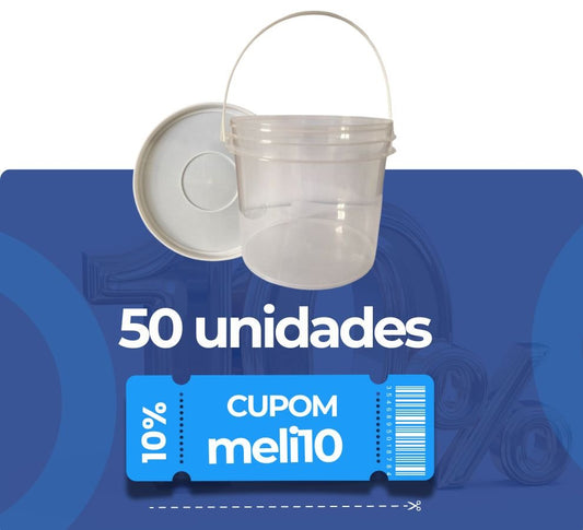 Balde 2.2 Litros Transparente com Tampa Branca Lacre e Alça Plástica Atóxico - Kit 50 Peças - Nastripack Embalagens