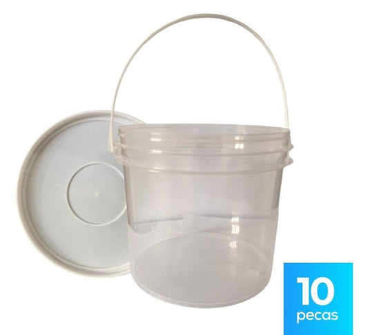 Balde 2.2 Litros Transparente com Tampa Branca Lacre e Alça Plástica - Kit 10 Peças - Nastripack Embalagens