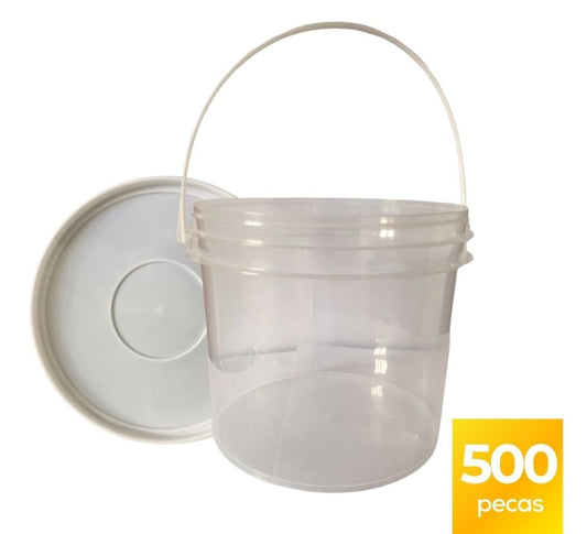 Balde 2.2 Litros Transparente com Tampa Lacre Branca e Alça Plástica Plastico Atoxico BPA Free - Kit 500 Peças - Nastripack Embalagens