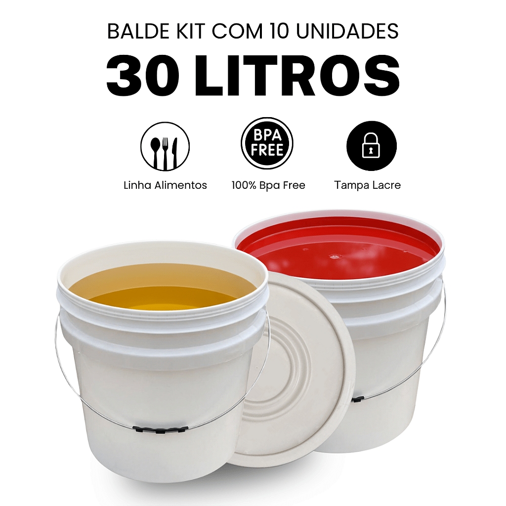 Balde 30 litros com tampa e alça metalica multiuso - 10 Pcs - Nastripack Embalagens