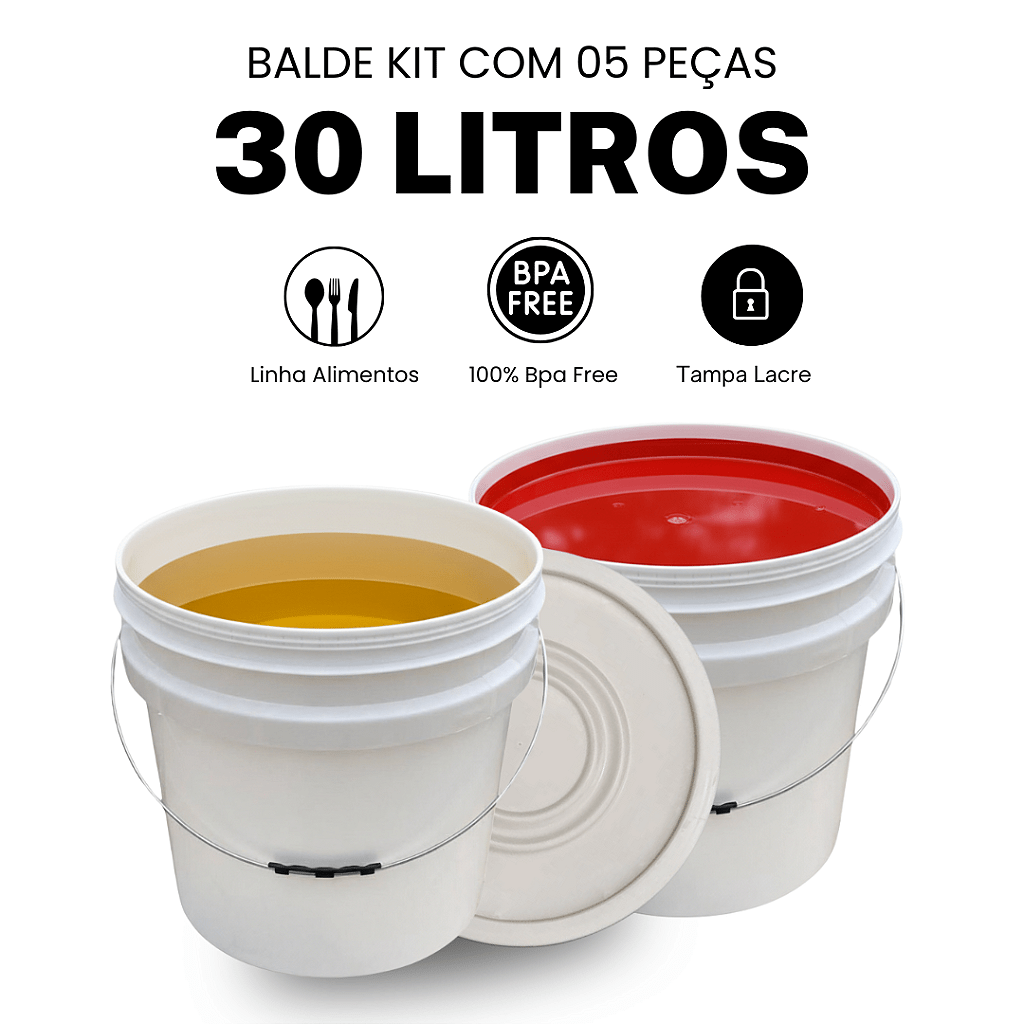 Balde 30l com Tampa Lacre de Vedação Novo Atóxico BPA FREE - Kit 05 Peças - Nastripack Embalagens