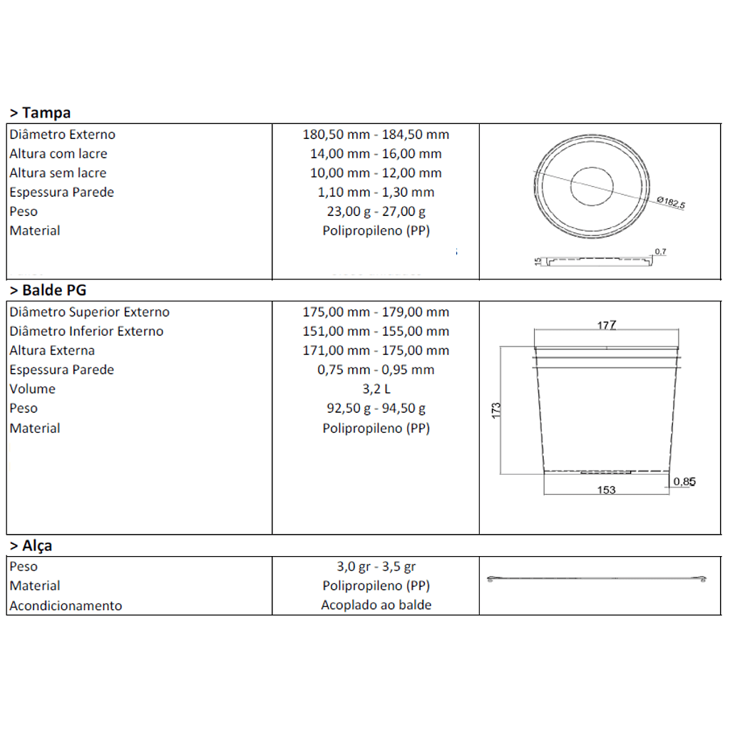 Balde 3.2 Litros Transparente com Tampa Branca Lacre e Alça Plastico Atoxico BPA Free - Kit 100 Peças - Nastripack Embalagens