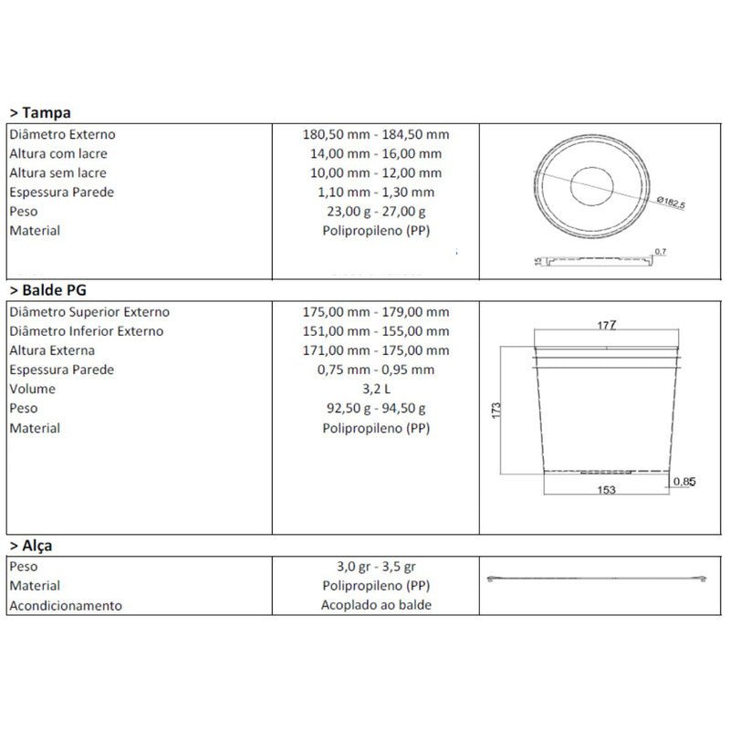 Balde 3,2 Litros Transparente com Tampa Preta e Alça Preta – Kit 06 Unidades - Nastripack Embalagens