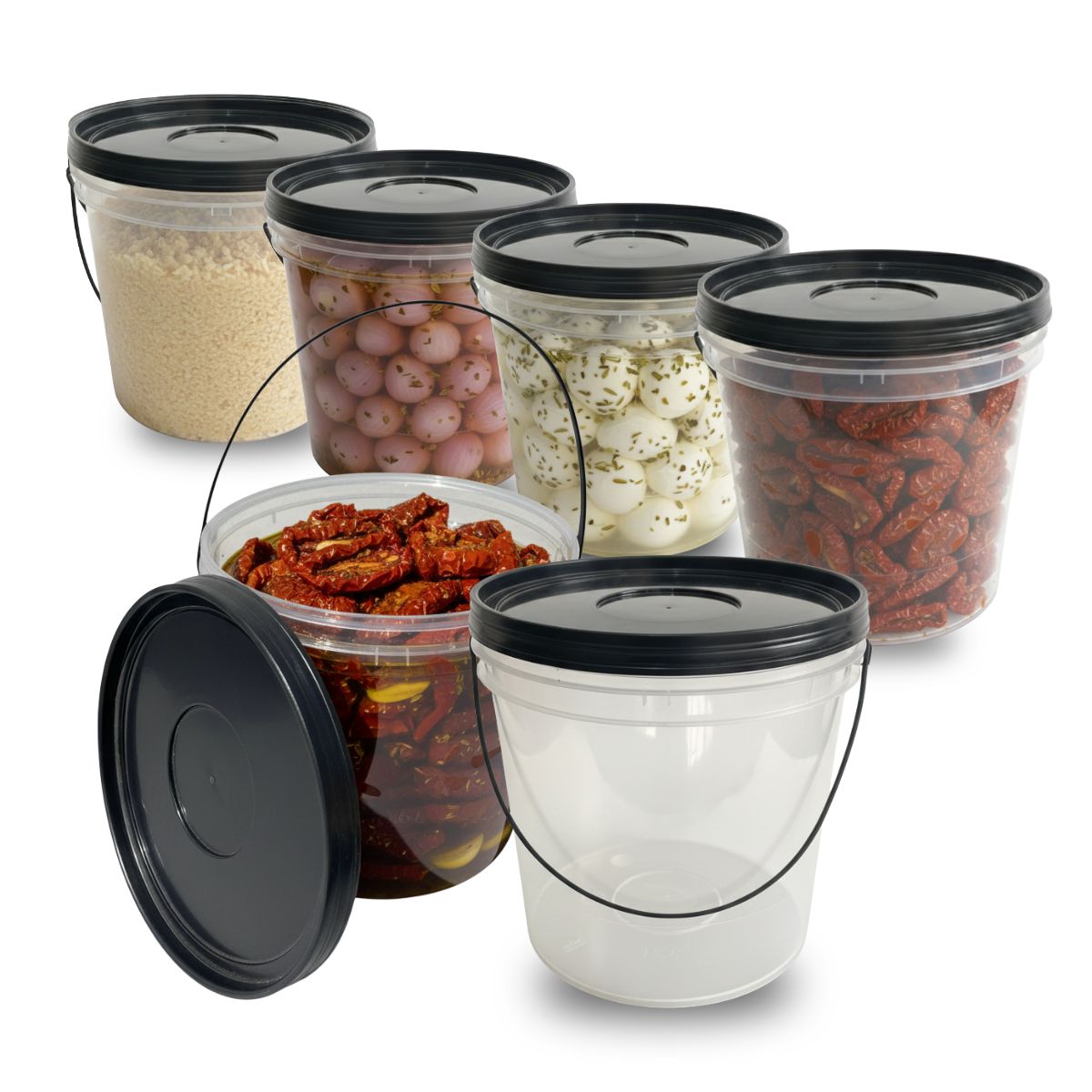 Balde 3,2L Transparente com Tampa Preta e Alça Preta - Kit 05 Peças - Nastripack Embalagens