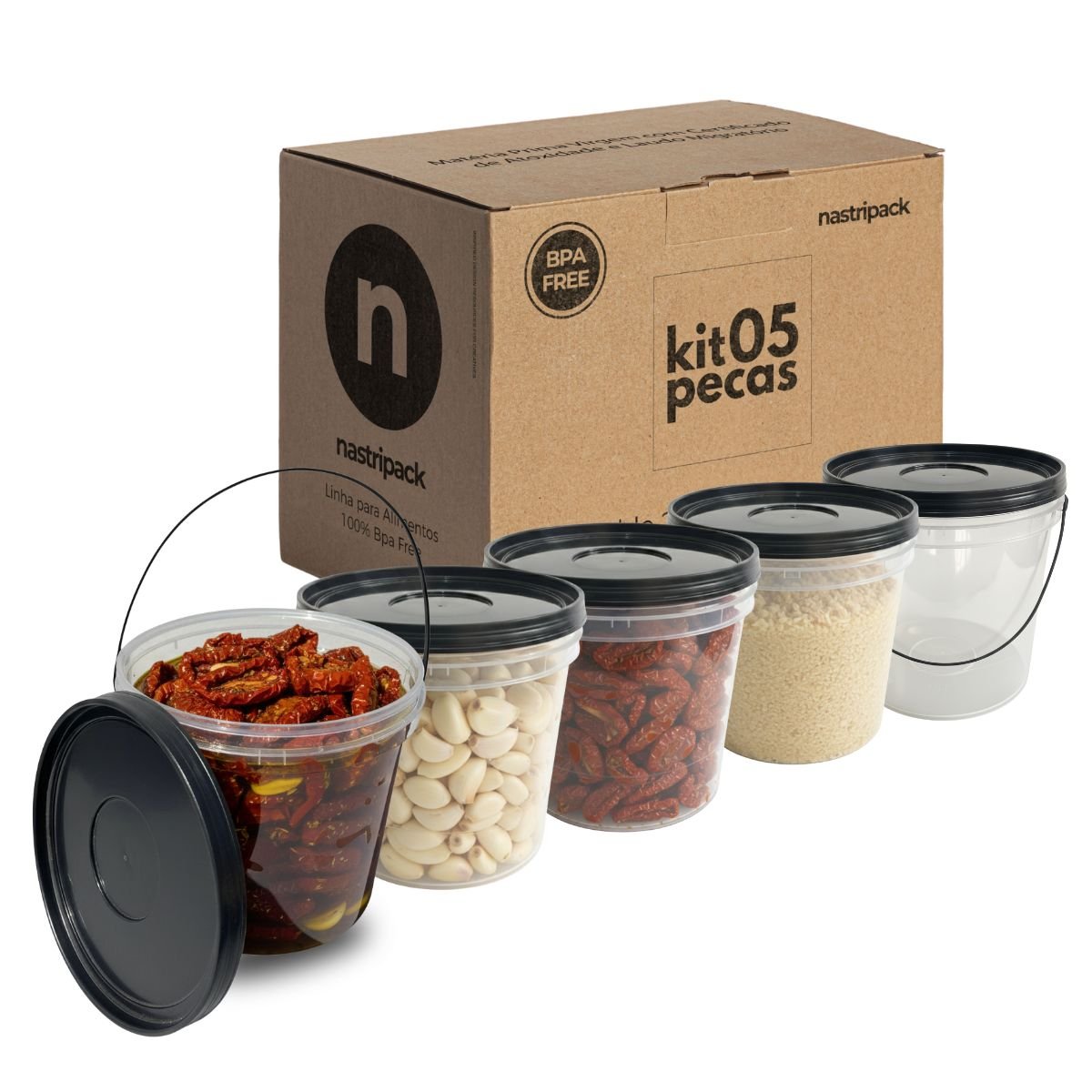 Balde 3,2L Transparente com Tampa Preta e Alça Preta - Kit 05 Peças - Nastripack Embalagens