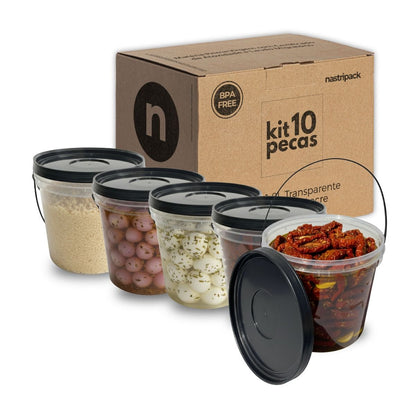 Balde 3.2L Transparente para Alimentos com Tampa Preta - Kit 10 Peças - Nastripack Embalagens