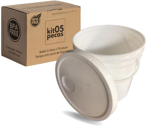 Balde 5 Litros Branco com Tampa Lacre e Alça Plástica Atoxico - Kit 05 Peças - Nastripack Embalagens