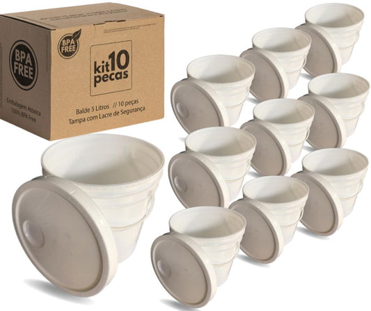 Balde 5 Litros Branco com Tampa Lacre e Alça Plástica Atoxico - Kit 10 Peças - Nastripack Embalagens