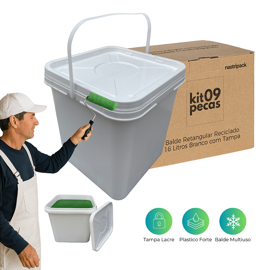Balde Branco Quadrado 16L Retangular com Tampa Lacre - 09 Pcs - Nastripack Embalagens