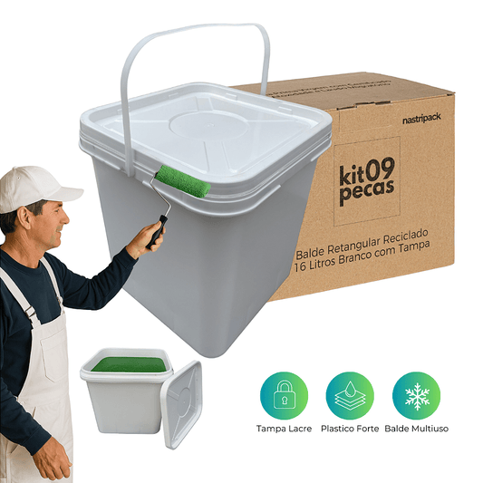 Balde Branco Quadrado 16L Retangular com Tampa Lacre - 09 Pcs - Nastripack Embalagens