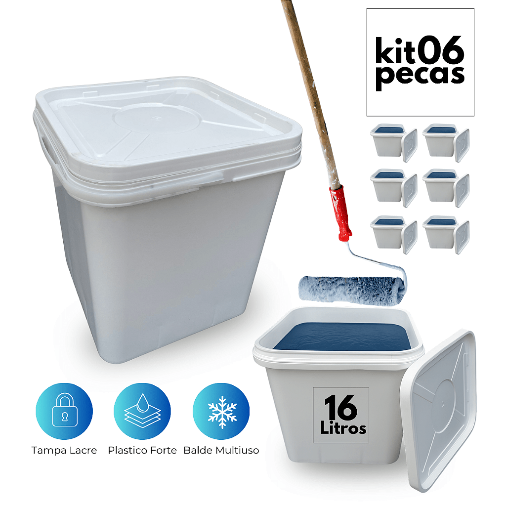Balde com Tampa 16 Litros Retangular Multiuso - Kit 06 Und - Nastripack Embalagens