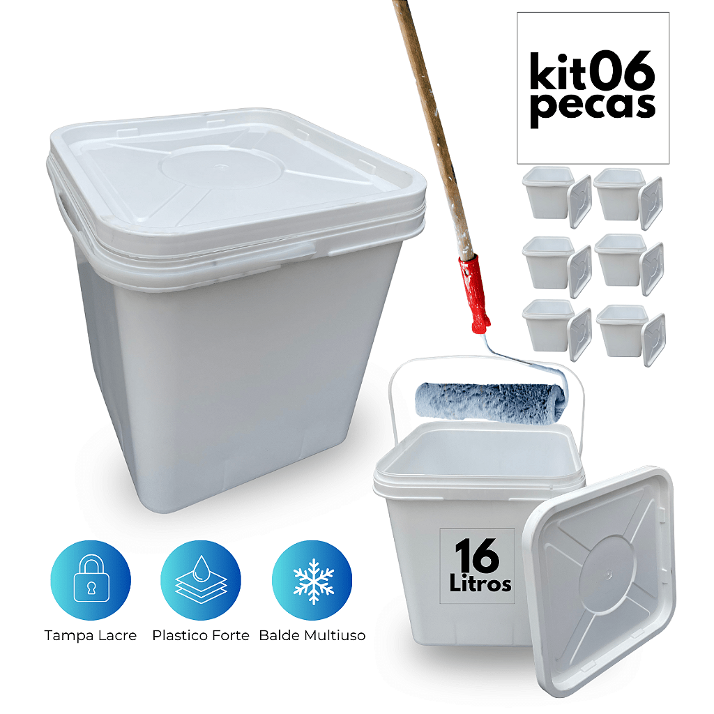 Balde com Tampa 16 Litros Retangular Multiuso - Kit 06 Und - Nastripack Embalagens