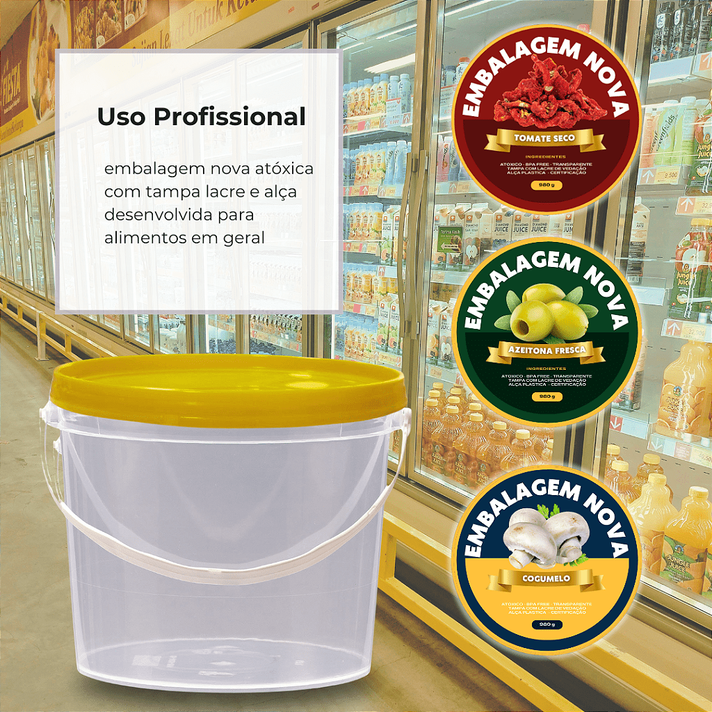 Balde com Tampa Amarela Lacre de 1.8 Litros Atoxico - Kit com 03 Peças - Nastripack Embalagens