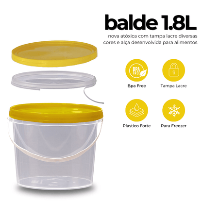 Balde com Tampa Amarela Lacre de 1.8 Litros Atoxico - Kit com 03 Peças - Nastripack Embalagens